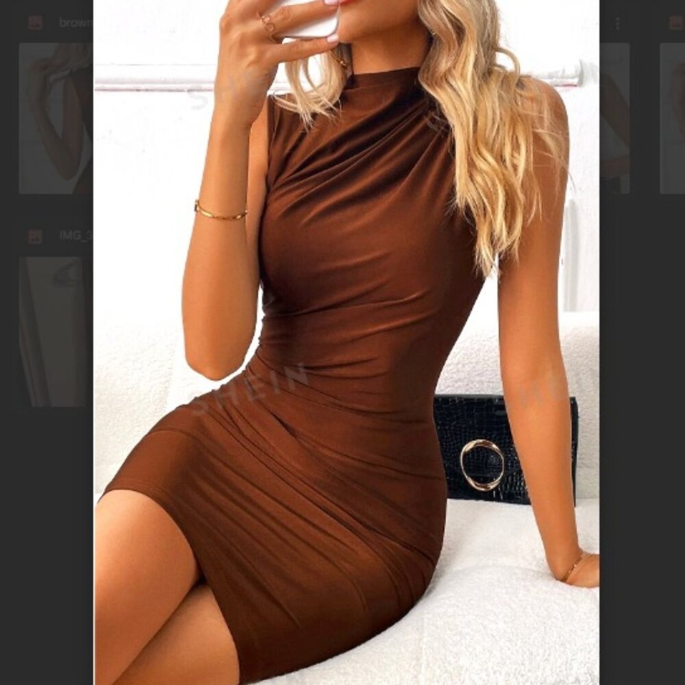 NWOT - Rouched Brown Formal Midi Dress